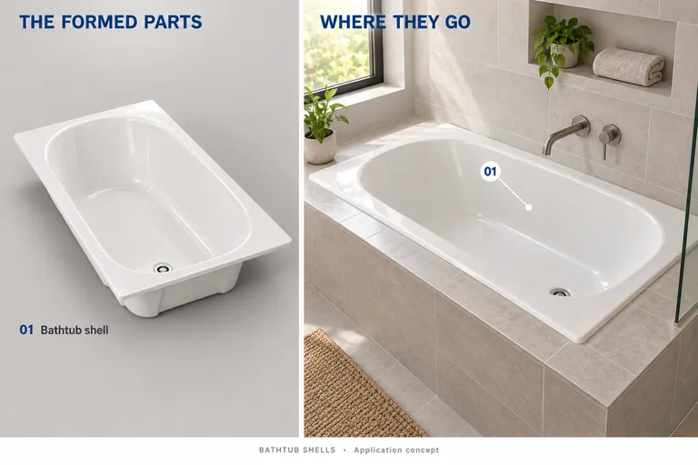 AI illustration of bathtub shells: formed parts and representative installed setting