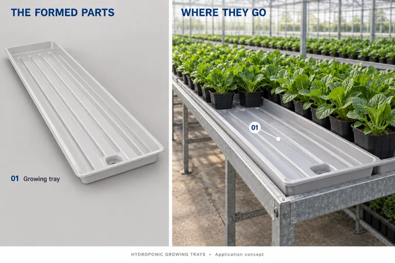 AI illustration of hydroponic growing trays: formed parts and representative installed setting