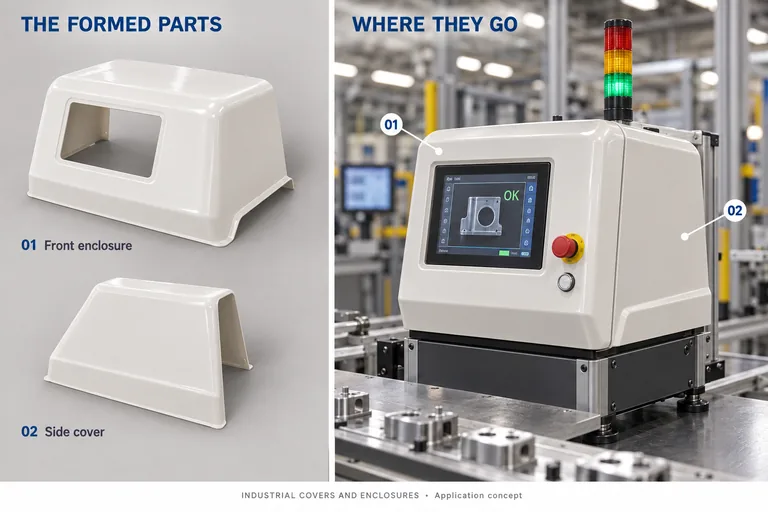 AI illustration of industrial covers and enclosures: formed parts and representative installed setting
